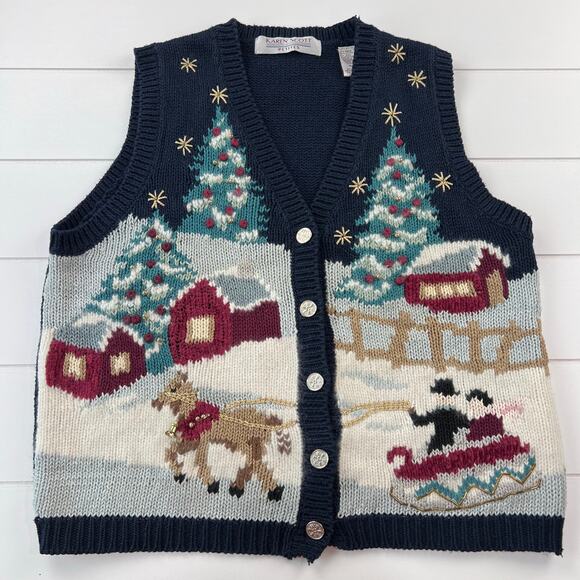 Karen Scott Winter Christmas Holiday Vest Knit Sweater Petite Medium Navy Blue - Picture 1 of 7